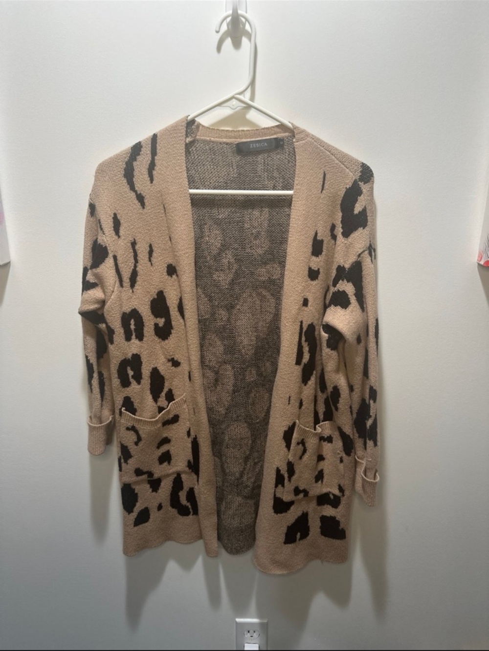 Zesica Open-Front Leopard Print Cardigan Sweater - Beige/Black